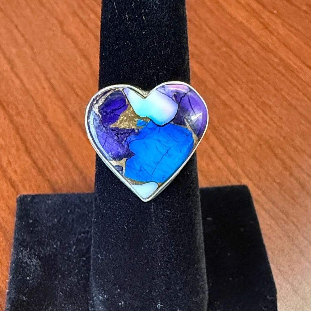 New 925 Sterling Silver Purple Dahlia Turquoise Heart-Shaped Ring Size 5.5